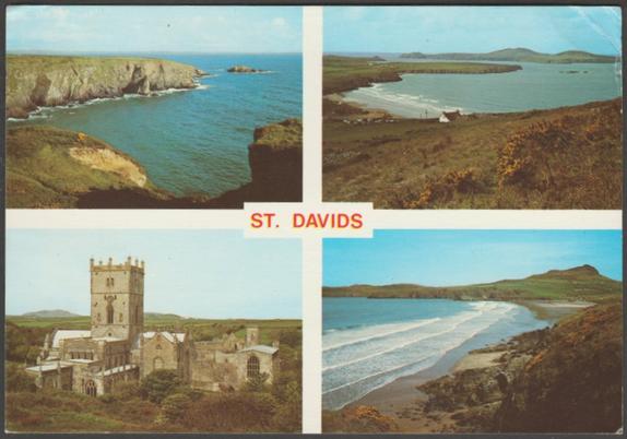 Printed colour multiview postcard showing four views of St David's in Pembrokeshire. Views shown are Carfai Bay, Whitesands Bay and Ramsey Island, The Cathedral and Whitesands Bay.
Published by Judges Limited, Hastings, No C991X.
Postally used on 20 July 1980 with Haverfordwest cancellation on light orange 10p stamp and sent to Reading, Berkshire.
Fairly good condition, with slight corner bumps, but crease to top right corner.