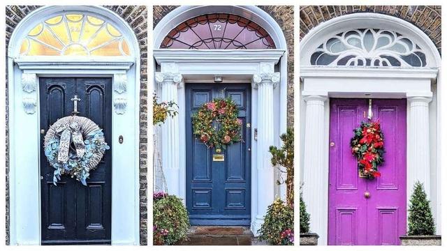Collage of 3 Dublin doors featuring prominent Christmas wreaths