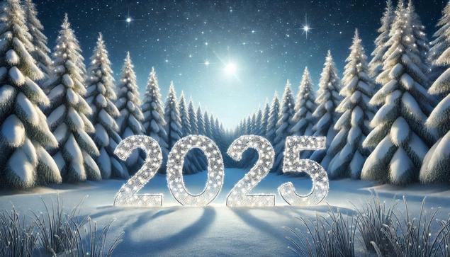 Snowy scene with the number 2025 written on the snow covered landscape