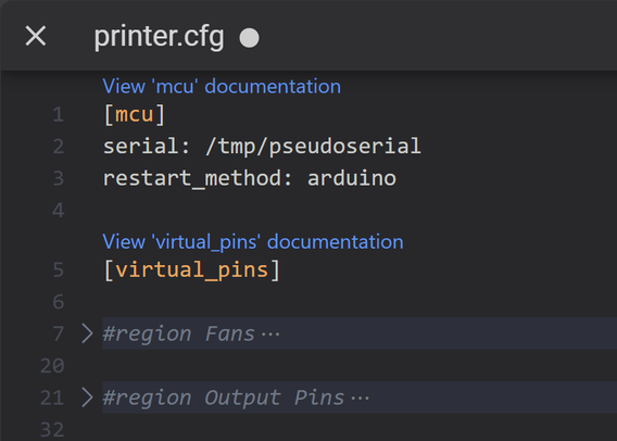 Configuration file showing collapsed regions (#region... #endregion)