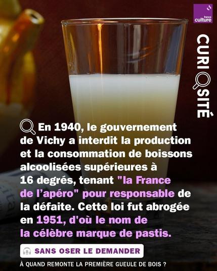 Ein sharepic mit dem Text auf Französisch "
Im Jahr 1940 verbot die Vichy-Regierung die Herstellung und den Konsum alkoholischer Getränke mit einem Alkoholgehalt über 16 Grad und machte das „Aperitif-Frankreich“ für die Niederlage verantwortlich.  Dieses Gesetz wurde 1951 aufgehoben, daher der Name der berühmten Pastis-Marke."