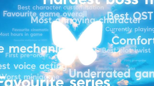 Bluesky's butterfly logo against a backdrop of clouds. Various prompts from the "30 days of video games" challenge appear, including "favourite series", "underrated game", and "most annoying character"