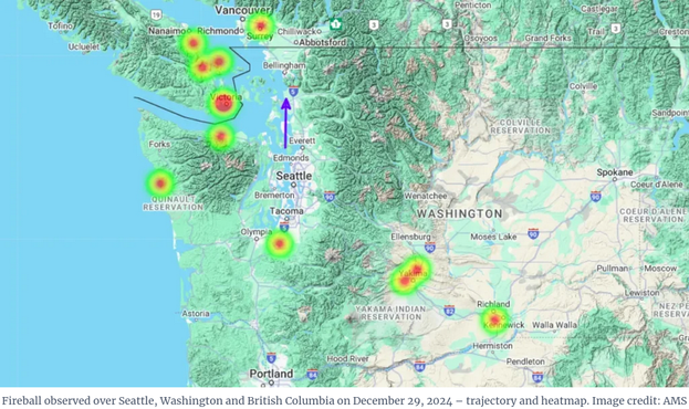 screenshot showing map of fireball sightings, estimated northbound path over Puget Sound from near Everett WA to near Mt Vernon WA