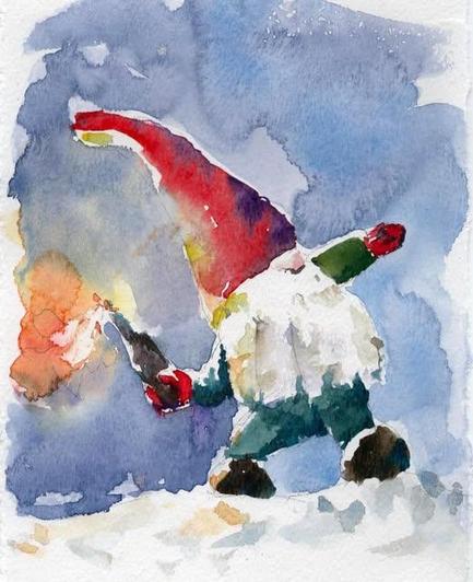 Watercolor of a gnome throwing a Molotov cocktail