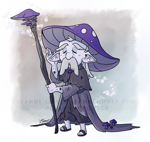 A small gnomish wizard with a mushroom hat, a mushroom staff, and a big moustache. He is holding a hand up to his ear.
