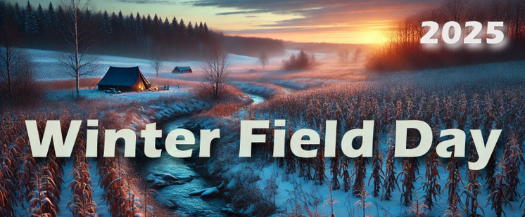 A wintry sunset in a field of corn stubble. A tent along a creek in the distance. Text overlay: "Winter Field Day 2025"
