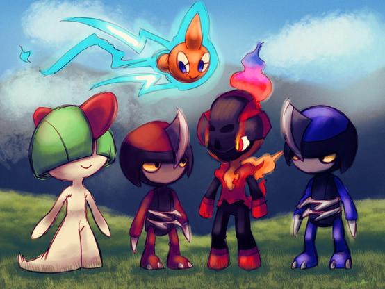 A Ralts, Pawniard, Charcadet, and shiny Pawniard stand in a grassy meadow before a blue sky and cloudy mountains. A smiling Rotom floats above them.