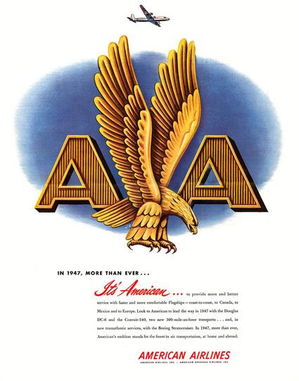The old gold American Airlines eagle logo sits in the center of the ad. At the top, a small plane flies over.