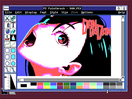 A screenshot of Windows 2 running a graphics editor PC Paintbrush. There is a colourful image open in it - a promotional poster of an anime called Dan Da Dan. The poster shows a close-up of a girl's face
