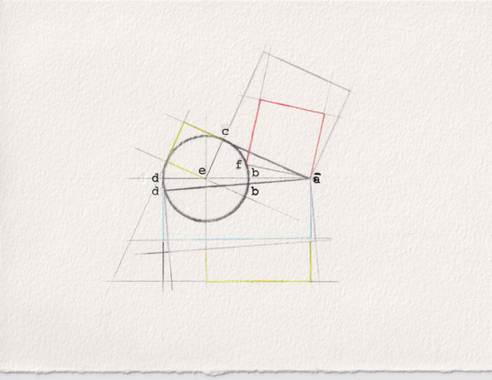 A rendering of proposition 36 from book III of the 1482 print-edition of Elements; done with mixed media.

A circle with a point marked outside the circumference, wherefrom lines are drawn that either cut the circle or touch it or that just end at its circumference, wherefrom are even more straight lines and right angles (some variously colored), which really just serve to further confound the diagram, somewhat.