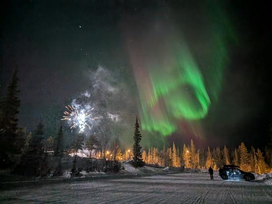 Aurora and fireworks