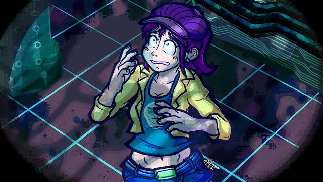 Drawing of Tina Katrina from Code Jack in a dimly lit lab room, looking shocked at something dangling in front of her. Only the shadow of the object is seen in the illumination of her face. The room is largely blue with some red stains on the ground. Tina's eyes are jittering and her mouth is quivering.