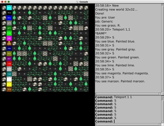 A console with a graphical rectangular grid map and trees, rocks, grass, walls, lots of interesting things happening. In the text output on the right you can see the user taking the job Generic and exploring. An input interactor is in the bottom right.