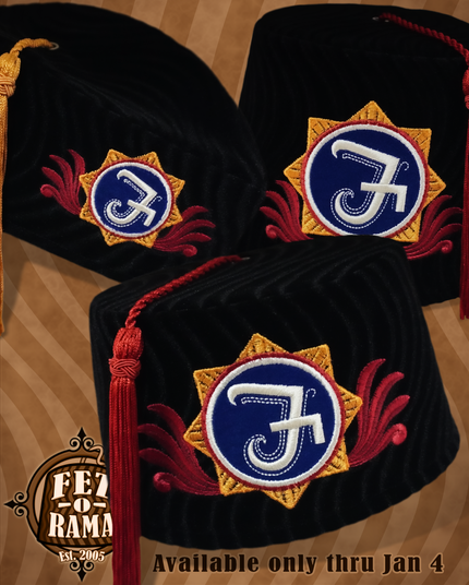 Brimless black velvet hats with embroidered F crests in red, white, blue, and gold.