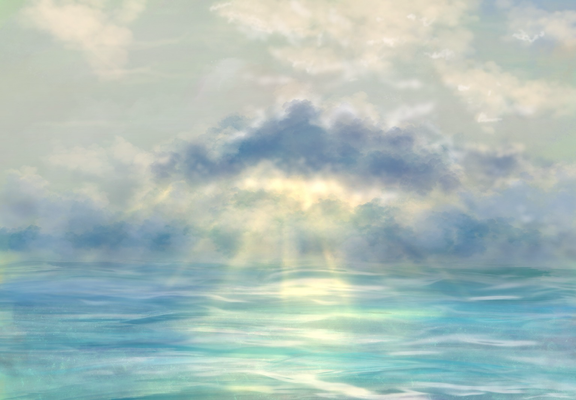 A serene digital painting of a vast ocean under a partly cloudy sky. The water is painted in soft shades of turquoise and teal, reflecting the sunlight streaming through the breaks in the clouds. The sunbeams create a golden glow, adding a tranquil and ethereal atmosphere.