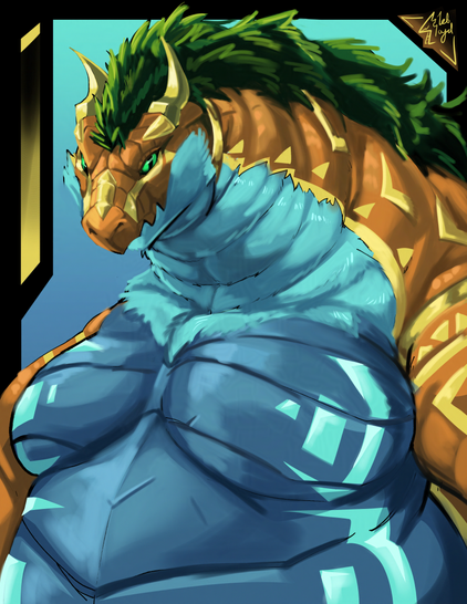Big fat dragon with a green mane, a fluffy blue neck, and blue belly scales. As well as having cool gold bits and jewelry around as well as cyan paint tattoos.