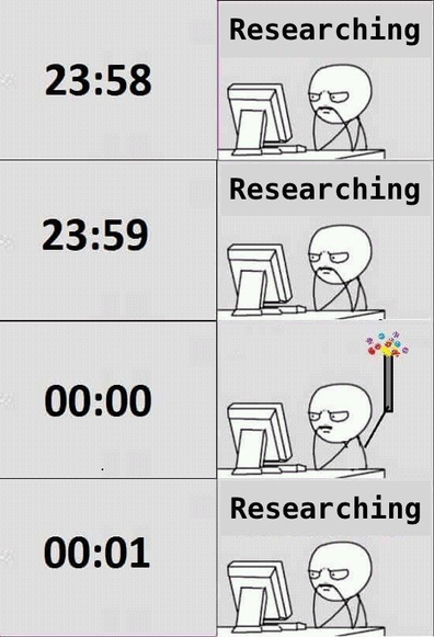 Person deep in thought two minutes and one minute before midnight researching on their computer. When midnight strikes they put up some celebratory fireworks while still still researching and return to their computer.