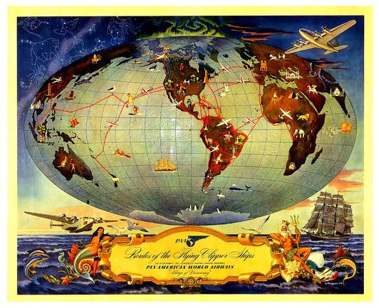 A large globe is seen with North America prominent in the center. Planes fly, ships sail and there is a lot of activity in the map.