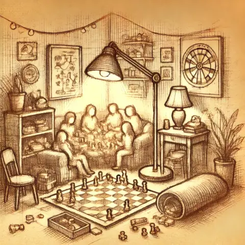 Bildgestaltung: 
Illustration in einem leicht chaotischen Stil. Sie zeigt eine gemütliche Spielsituation in einem Raum mit lockeren, skizzenhaften Linien. Menschen sitzen entspannt zusammen, während ein sanft leuchtender Lampenschirm die Szenerie erhellt. Die Szene vermittelt Wärme und Lebendigkeit, inspiriert von traditionellen Bleistift- oder Tintenzeichnungen.

Inhalt: 

Der Blogpost beschreibt kreative Ideen für gesellige Abende, darunter Spiele-Klassiker wie Scharade, Schrottwichteln und Improvisationsspiele. Die Vorschläge eignen sich für alle Altersgruppen und sorgen für Unterhaltung und Abwechslung. Aber auch der #jakk, #crosscoop und #congresseverywhere werden referenziert.

(CC0) Created with <3 & prompt by c3hamm