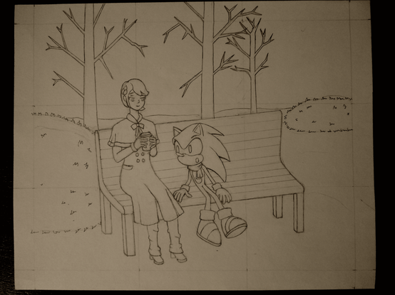 Uncolored lineart of Princess Elise and Sonic the Hedgehog wearing winter apparel, sitting together on a bench. Elise holds Sonic's hot cocoa cup in both hands, warming it with her power, and Sonic leans towards her curiously.