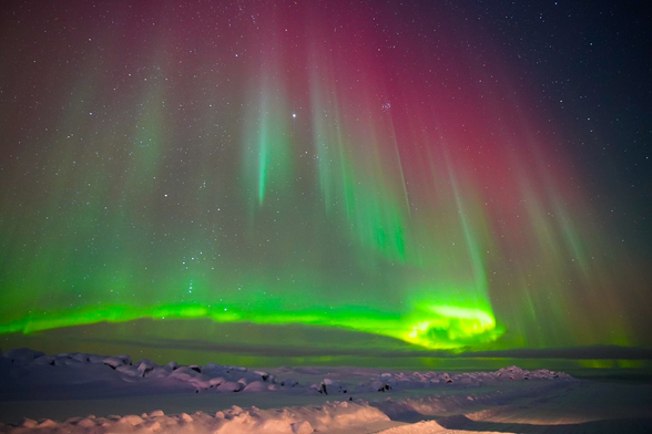 What I call colorful swirling curtains of light so close it feels you can touch them. This is in Canada about 1100 miles from Alaska. They are green, red and HUGE and you can see the stars.