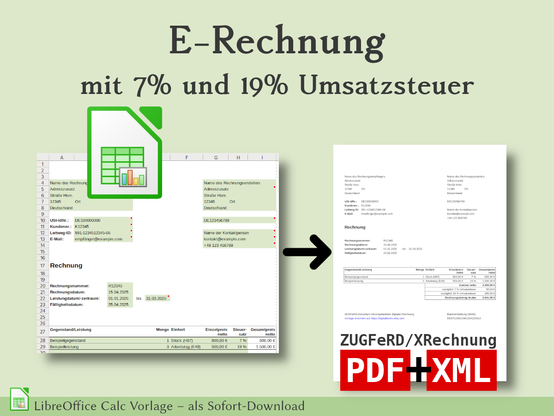 E-Rechnung mit 7% und 19% Umsatzsteuer, ZUGFeRD, XRechnung, LibreOffice