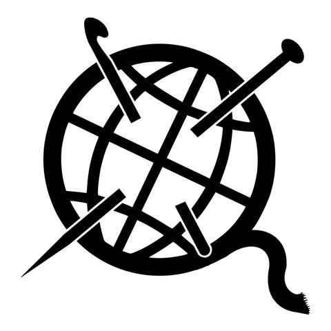 A black on white graphic of a ball of yarn that also looks like a globe with a hook and needle through it