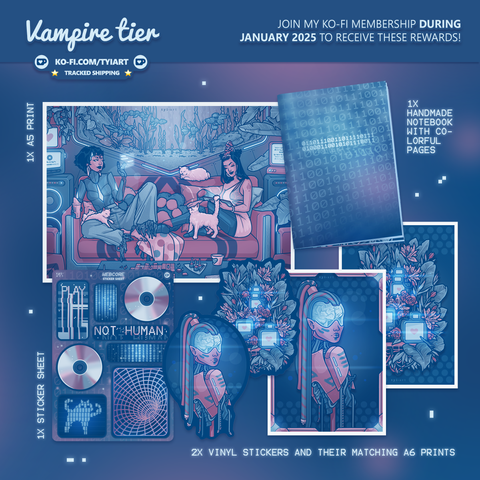 Digital mockup of an art bundle about a city utopia - a cyberpunk future where everything is perfect. The main artwork shows a lesbian cyborg couple lounging on their living room couch with 3 white cats surrounding them. The woman on the left has robotic torso and head under her bob-cut hair, the woman on the right has robotic legs and looks down at her tablet while petting one of the cats. The background wall shows a large aquarium with robotic fish. The art bundle consists of three art prints, two vinyl stickers, a sticker sheet with webcore aesthetics and a handmade notebook with a cover that says "notes" in binary code.