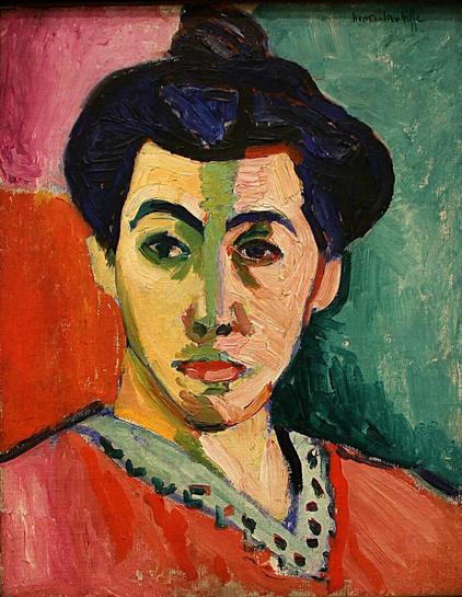 "Portrait of Madame Matisse (The Green Stripe)" von Henri Matisse aus dem Jahr 1905.

Dieses Gemälde zeigt der Künstlers Frau Amélie und ist berühmt für den Einsatz unnatürlicher Farben, die starke Kontraste und Ausdruckskraft vermitteln. Besonders auffällig ist der grüne Streifen, der das Gesicht teilt, was das Werk zu einem Symbol für die Experimente der modernen Kunst macht.

Das Bild zeigt ein Porträt einer Frau, die den Betrachter direkt anschaut. Ihr Kopf ist leicht nach rechts geneigt. Sie hat dunkle, hochgesteckte Haare, die in einem Knoten zusammengefasst sind. Ihr Gesicht ist in zwei Hälften geteilt – die linke Seite ist in warmen Gelbtönen gehalten, während die rechte Seite kühler wirkt, da sie von einem grünen Streifen durchzogen wird, der senkrecht über die Stirn, Nase und Kinn verläuft.

Die Augen der Frau sind groß und dunkel, mit ausdrucksstarken, kräftig gemalten Augenbrauen. Ihre Lippen sind rot und gut definiert. Der Hals ist lang und schlank.

Sie trägt ein rotes Kleid mit einem hellen, verzierten Kragen, der mit schwarzen Punkten geschmückt ist. Der Hintergrund des Bildes ist in kräftige Farben aufgeteilt: Links leuchten warme Rottöne, während rechts ein kühles Grün dominiert.

Die Farben und Pinselstriche sind grob und sichtbar aufgetragen, was dem Gemälde eine lebendige, expressive Struktur verleiht. Der Stil ist modern und zeigt eine klare Abkehr von realistischen Darstellungen, indem er Farben und Formen bewusst übertrieben einsetzt.