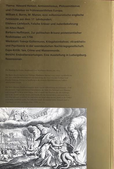 Coverrückseite von WerkstattGeschichte 24/1999 "Milennium" mit Inhaltsverzeichnis und vollständiger Abbildung des Kupferstichs "Di Bindung des Satans" von Matthaeus Merian (um 1625).