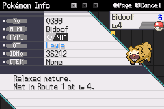 A screenshot from a Pokémon game shows the summary page for a Bidoof. The Bidoof is shiny, indicated by the small red star near its sprite, and it is at Level 4. The Trainer's name is "Lewie," with an ID No. of 36242. Bidoof has a Relaxed nature and was caught on Route 1. It is of Normal type and does not hold an item.