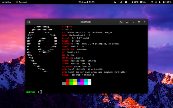#neofetch of my maxed out 2012 MacBook Pro 13" A1278 running Debian GNU/Linux 12 (bookworm).