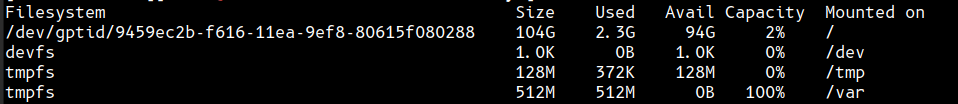 "before" screenshot showing the output of df -h with /var being 100% full