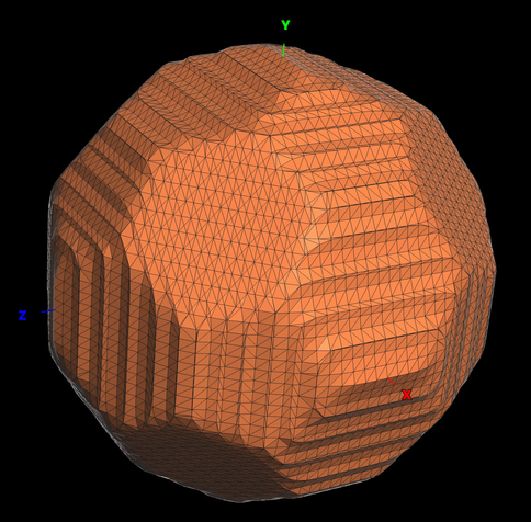 Truncated icosahedron constructed from a regular icosahedron with the vertices cut off a third of the way along each edge. The ensuing polyhedron has 20 regular hexagon and 12 regular pentagon faces, 60 vertices and 90 edges and is similar to the pentagonal and hegagonal pattern on which old designs of football were based. The shape is also similar to the carbon-60 molecule or buckyball.