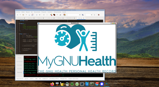 XFCE desktop screenshot with mygnuhealth development environment, geany editor with the mygnuhealth initial screen / logo.