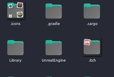 preview of Folder icons in nemo it shows the folder for .icons, .gradle, Library, Unreal engine, .cargo, .itch and the one for .icons and .itch has small preview icons of the items inside.