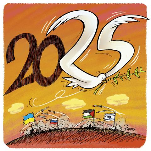 Sans qu'on sache si c'est à cause d'incendie, des guerres, ou simplement d'un coucher de soleil, le ciel est rouge-orangé avec un gros 2025 écrit à travers le ciel. Mais le 25 est réalisé à partir d'une colombe de la paix stylisée, avec son rameau d'olivier dans le bec. (Le 2 et le 5 de rejoignent en bas pour former le corps, et les 2 ailes courbées forment les chiffres)... au sol en-dessous, des silhouettes se font la guerre au loin. De la poussière, des missiles, et des drapeaux (ukrainien, russe, palestinien, et israélien)... La pauvre colombe ennuyée à zigzaguer pour éviter les bombes.