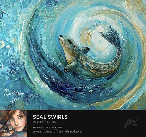 An art print of a seal swimming joyfully amidst whirling blue and turquoise waves, capturing the essence of aquatic life. The swirling patterns create a dynamic sense of movement and energy. Art by Lisa S Baker.