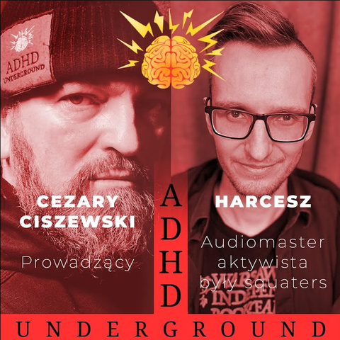 Poster materiału wideo, podzielony na dwa ekrany. Na lewym brodaty mężczyzna w czapce, Cezary Ciszewski, prowadzący.
Na prawym mężczyzna w okularach, Harcesz, Audiomaster.

Logo mózg z piorunami, ADHD Underground