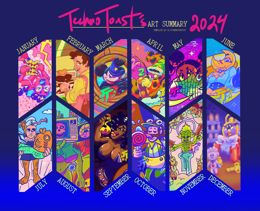 A graphic showing 12 thumbnails of the 12 different illustrations I've made for my monthly goodies club in 2024. It's titled at the top: TechnoToast's Art Summary 2024
