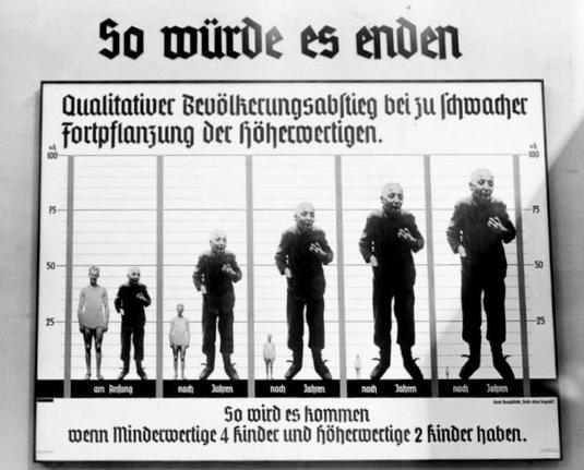 Eugenics poster at the exhibition Wonders of Life in Berlin in 1935 showing demographic projections under the assumption of higher fertility of the "inferior" (Minderwertige) relative to the "superior" (Höherwertige). By Bundesarchiv, Bild 102-16748 / Georg Pahl / CC-BY-SA 3.0, CC BY-SA 3.0 de, https://commons.wikimedia.org/w/index.php?curid=106181930