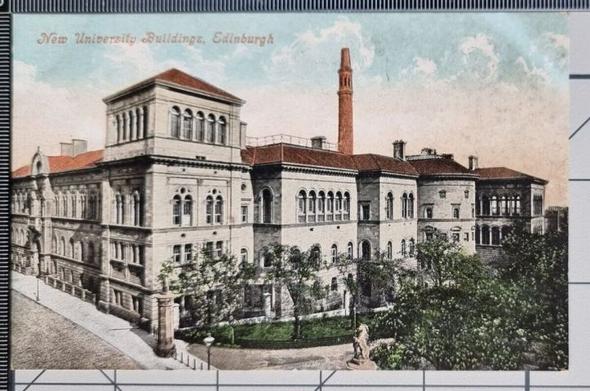 Coloured photographic postcard of the Edinburgh University "New Buildings" medical school, showing the tree lined avenue of Middle Meadow Walk in the foreground and the distinct, ornamental red brick chimney in the background