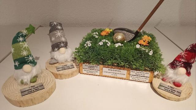 Pokale für den Crossgolf Vereinsmeister 2024 und die drei erstplatzierten für das Zipfelmützen Turnier 2024