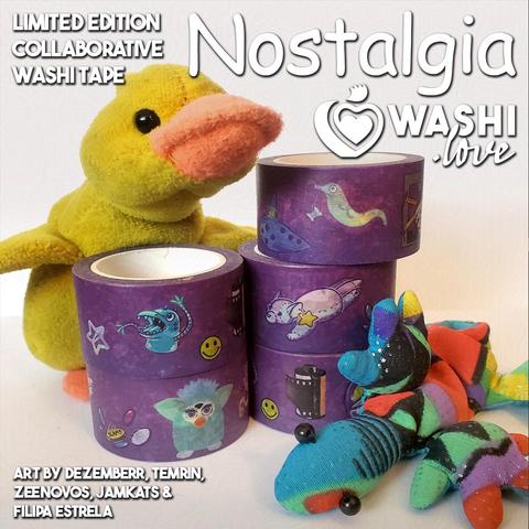 Photo showing rolls of washi tape that are purple with various 90's nostaliga artwork on them, including a furby, finger monster, worm on a string, floppy disc, beanine baby, camera film, pogs, and much more. Leaning onthe back of the tape is a yellow duck beanie baby styled toy, and on the bottom right is a beanie lizard. All is on a white background and overlayed is text that reads "Limited Edition Collaborative Washi Tape" "Nostalgia", the Washi.love logo, and "Art by Deemberr, Temrin, ZeeNovos, JamKats, and Filipa Estrela"