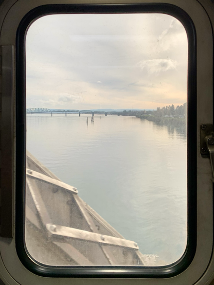 The Oregon-Washington bridge on a train entering Portland.