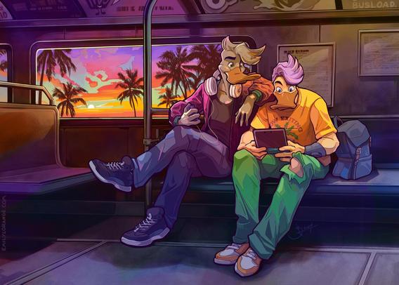 two anthropomorphic ducks sitting in what appears to be a train car or bus. the interior is relatively dark, rendered in blues, while the exterior in the window behind them is a bright sunset with silhouetted palm trees. they are alone on the train car, sitting in a seat, where one in bright clothing plays a handheld gaming device and the other in darker clothes watches.