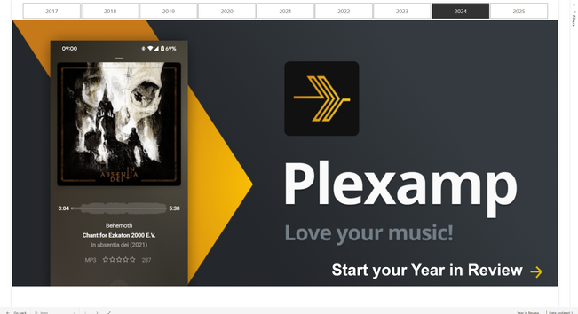 The intro page of a Plexamp music listening year in review Power BI report