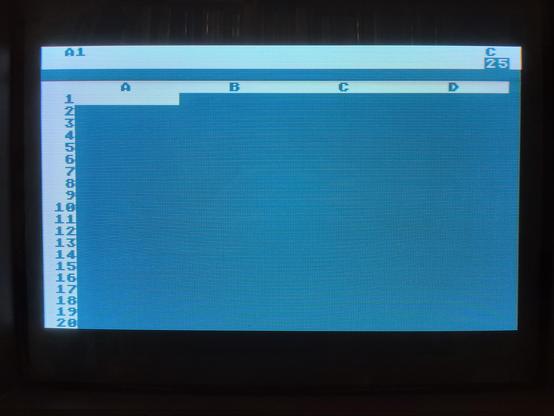 A close-up of the screen of my Atari 800, showing VisiCalc running.