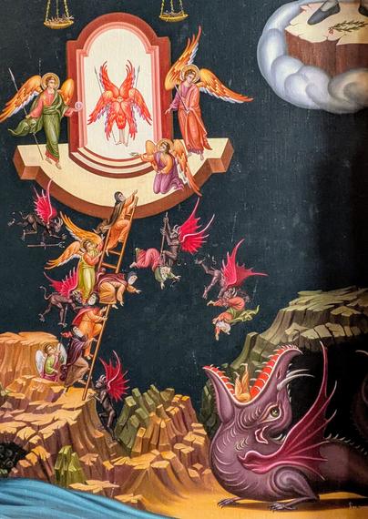 Religious painting in Meteora, Greece. Who reads this shit...