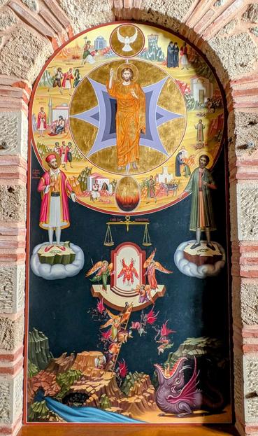 Religious painting in Meteora, Greece. Who reads this shit...